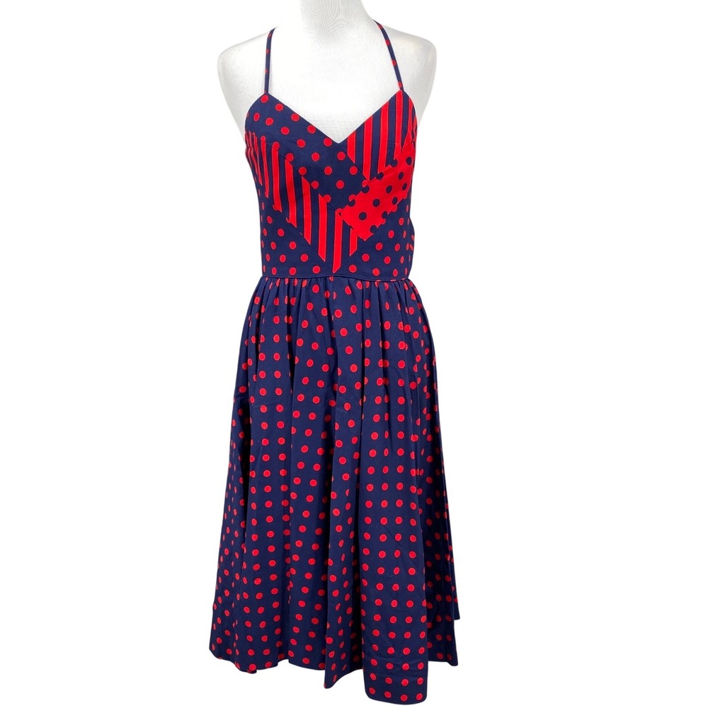 Vtg 70s Lanz of salzburg‎ Navy Red Polka Dot Stripe Halter Midi Dress XS Retro